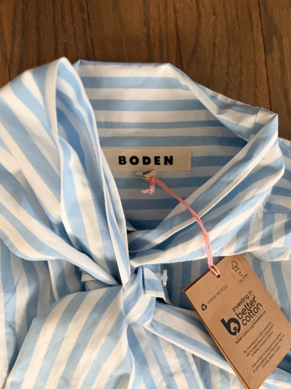 Boden Light Blue and White Striped Bow Tie Blouse